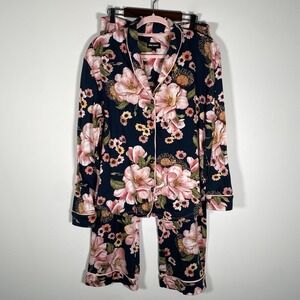 Room Service Pajama Set Size L Black Pink Floral Collared Drawstring Soft Comfy